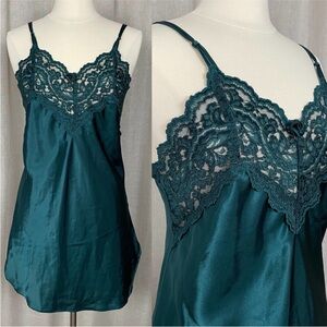 Vintage Womens Slip Green Emerald Short Mini Satin Lace Babydoll Lingerie Large